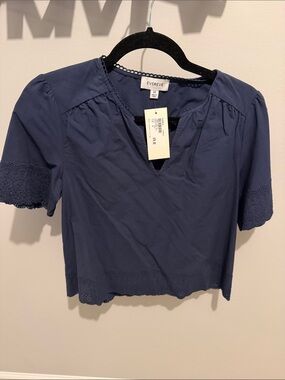 Evereve Navy Eyelet Short Sleeve Notch Blouse